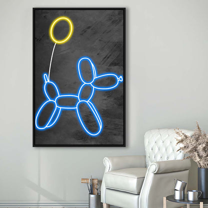Blue Balloon Dog, Neon Sign Effect Art, Framed Canvas Print, Floating Frame, Luxury Wall Art Decor