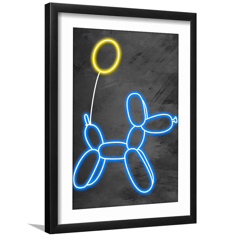 Blue Balloon Dog, Neon Sign Effect Art, Framed Art Print, Luxury Pictures Framed, White Border