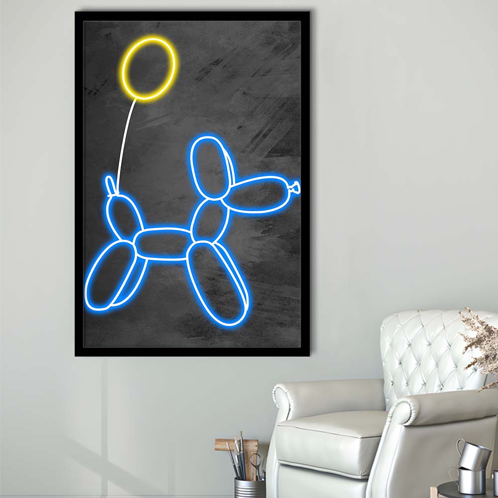 Blue Balloon Dog, Neon Sign Effect Art, Framed Art Print, Picture Framed Wall Art Decor