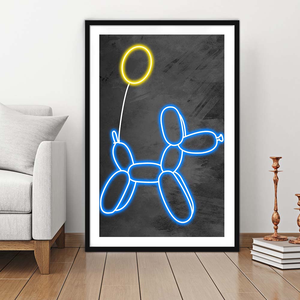 Blue Balloon Dog, Neon Sign Effect Art, Framed Art Print, Luxury Pictures Framed, White Border