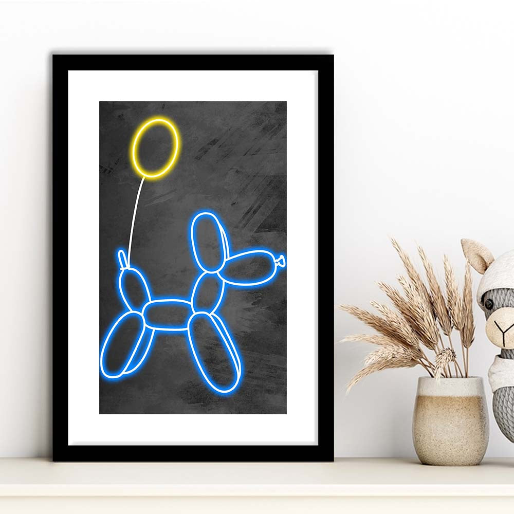Blue Balloon Dog, Neon Sign Effect Art, Framed Art Print, Luxury Pictures Framed, White Border