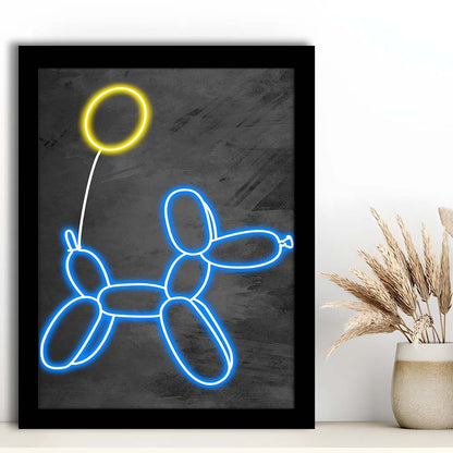 Blue Balloon Dog, Neon Sign Effect Art, Framed Art Print, Picture Framed Wall Art Decor