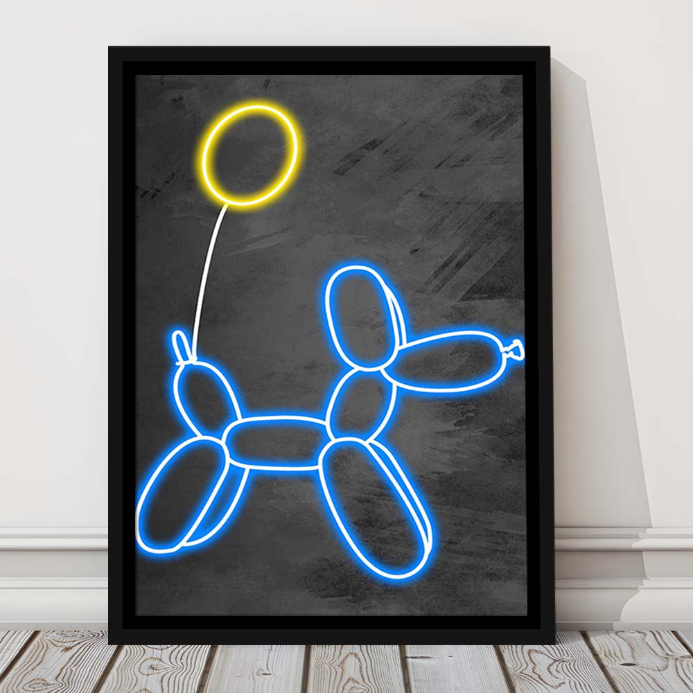 Blue Balloon Dog, Neon Sign Effect Art, Framed Canvas Print, Floating Frame, Luxury Wall Art Decor