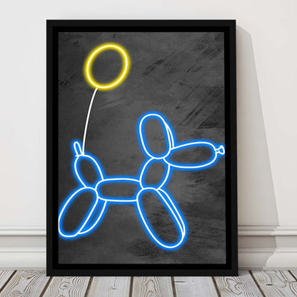 Blue Balloon Dog, Neon Sign Effect Art, Framed Canvas Print, Floating Frame, Luxury Wall Art Decor