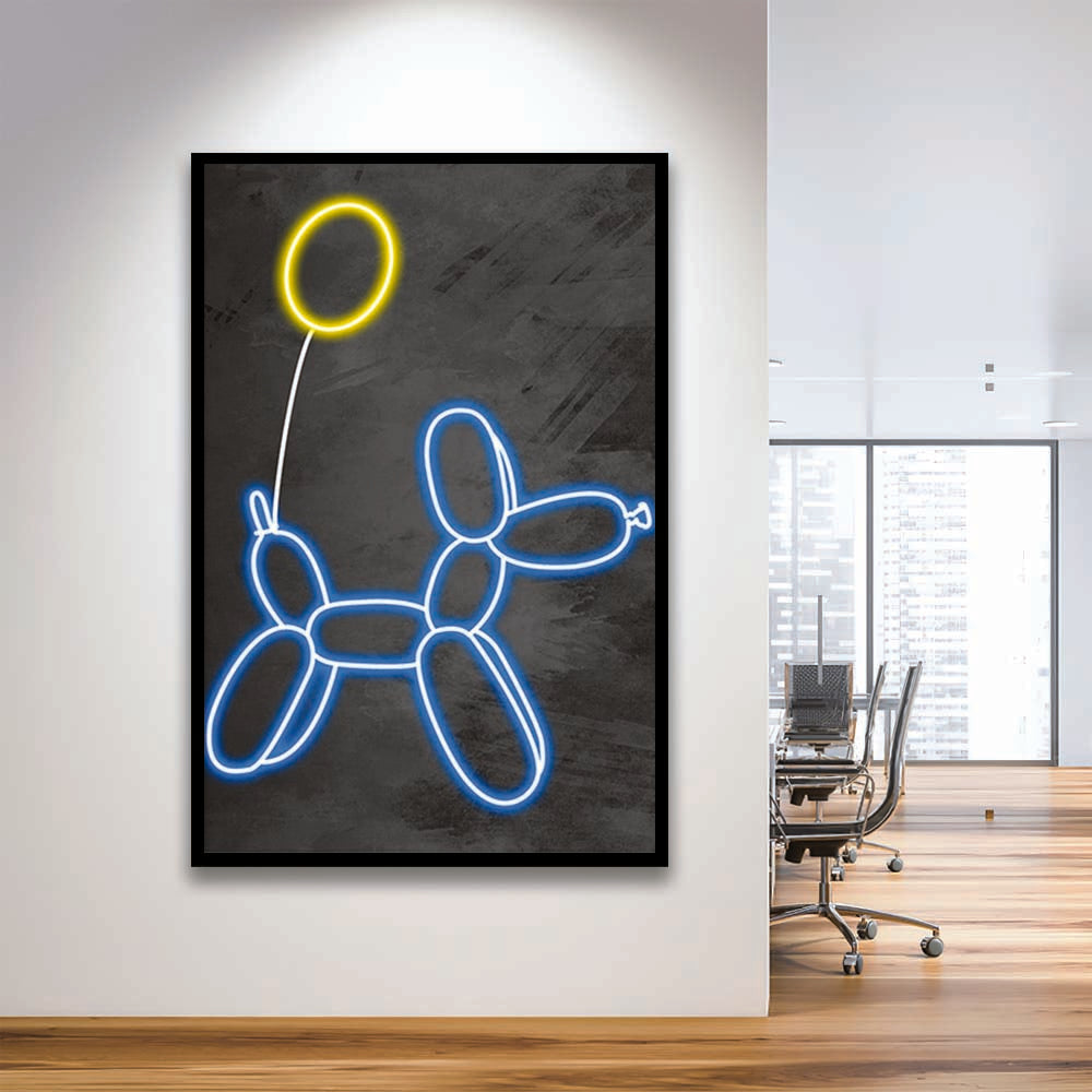 Blue Balloon Dog, Neon Sign Effect Art, Framed Art Print, Picture Framed Wall Art Decor
