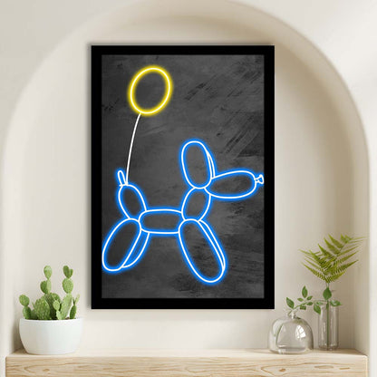 Blue Balloon Dog, Neon Sign Effect Art, Framed Art Print, Picture Framed Wall Art Decor