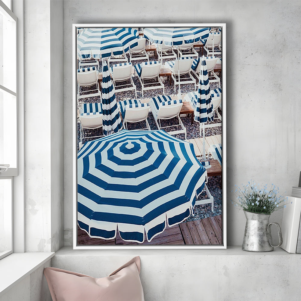 Blue Beach Umbrellas Wall Art Print,French Riviera Print, Framed Canvas Prints Wall Art