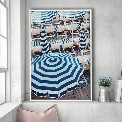 Blue Beach Umbrellas Wall Art Print,French Riviera Print, Framed Canvas Prints Wall Art