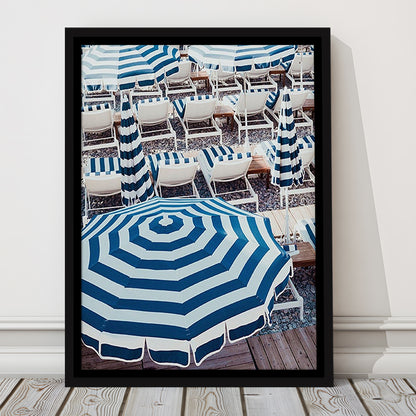 Blue Beach Umbrellas Wall Art Print,French Riviera Print, Framed Canvas Prints Wall Art