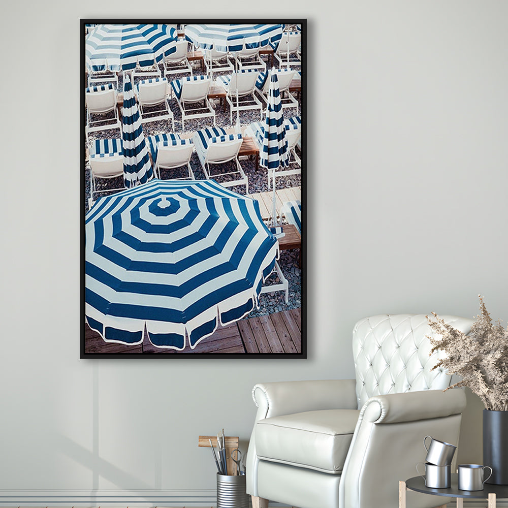 Blue Beach Umbrellas Wall Art Print,French Riviera Print, Framed Canvas Prints Wall Art