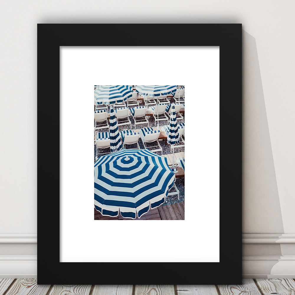 Blue Beach Umbrellas Wall Art Print,French Riviera Print, Framed Art Prints White Border Wall Decor