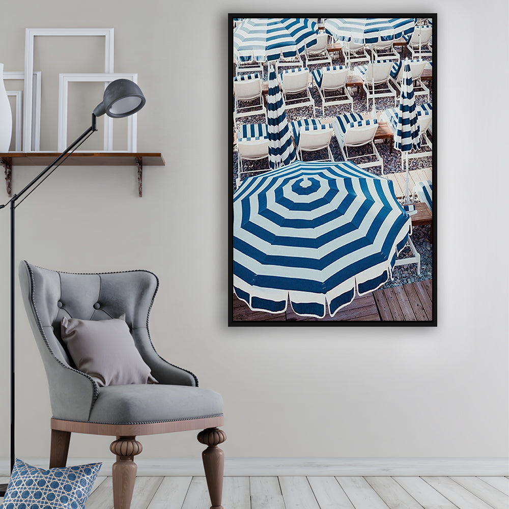 Blue Beach Umbrellas Wall Art Print,French Riviera Print, Framed Canvas Prints Wall Art