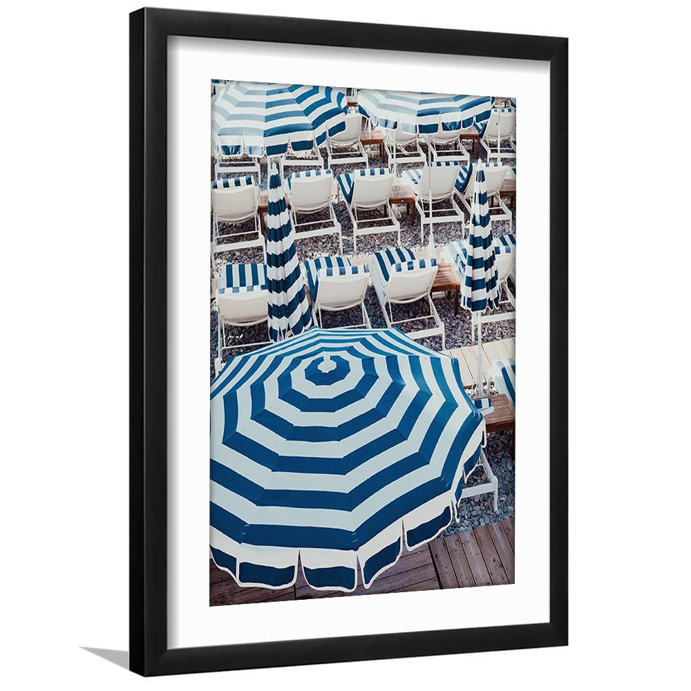 Blue Beach Umbrellas Wall Art Print,French Riviera Print, Framed Art Prints White Border Wall Decor