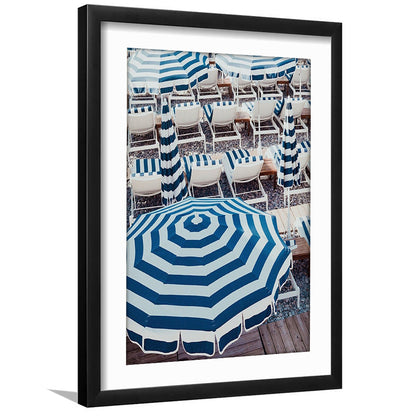 Blue Beach Umbrellas Wall Art Print,French Riviera Print, Framed Art Prints White Border Wall Decor