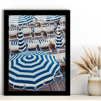 Blue Beach Umbrellas Wall Art Print,French Riviera Print, Framed Art Prints Wall Decor