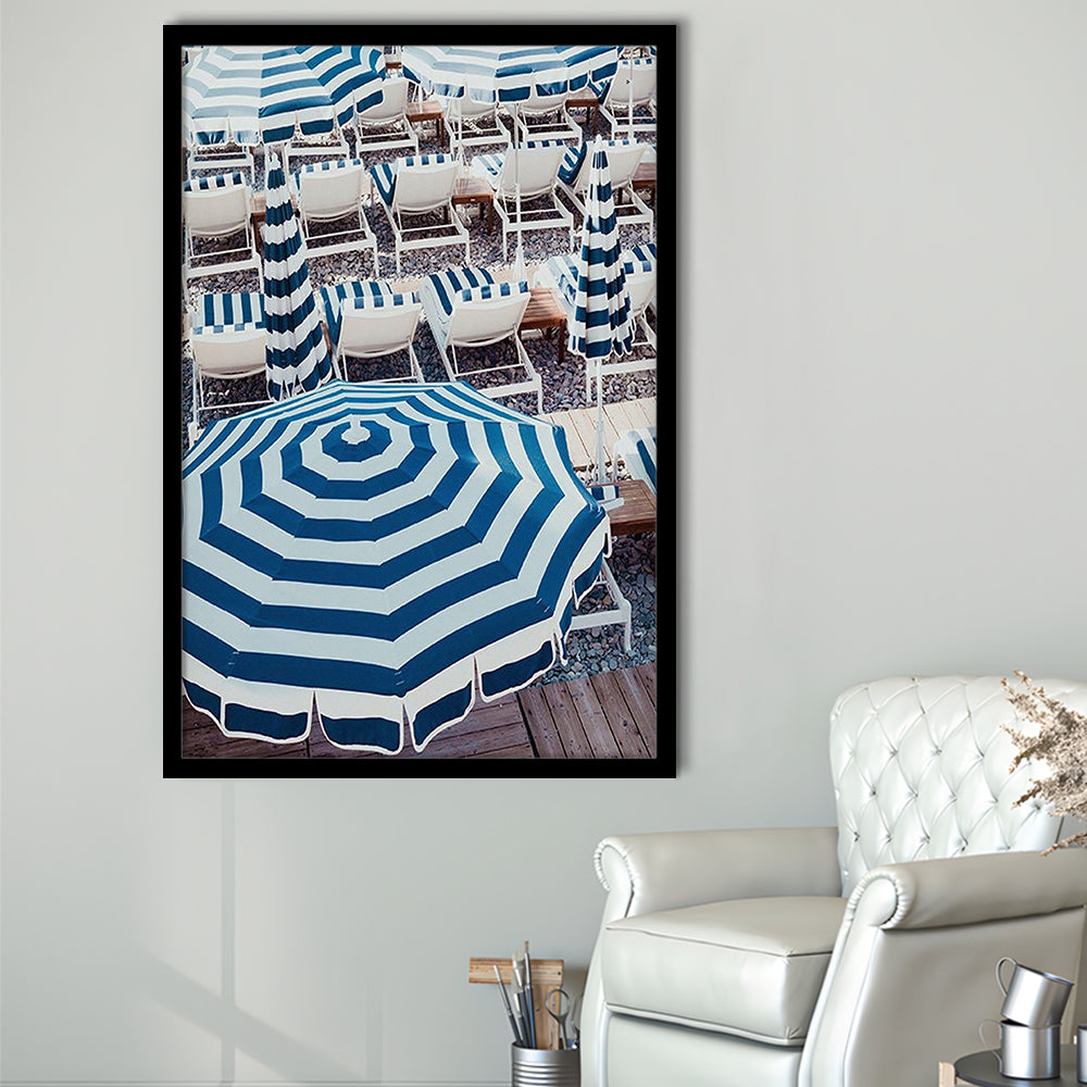 Blue Beach Umbrellas Wall Art Print,French Riviera Print, Framed Art Prints Wall Decor