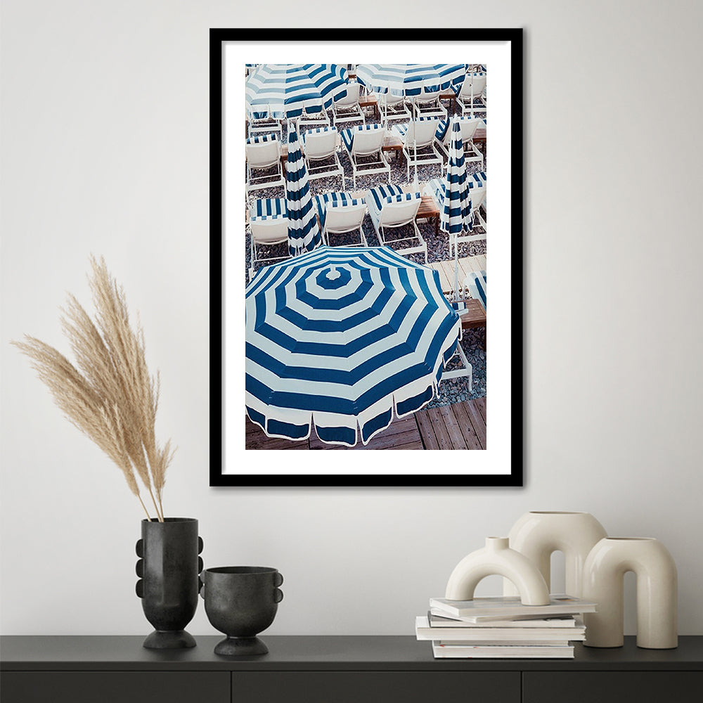 Blue Beach Umbrellas Wall Art Print,French Riviera Print, Framed Art Prints White Border Wall Decor