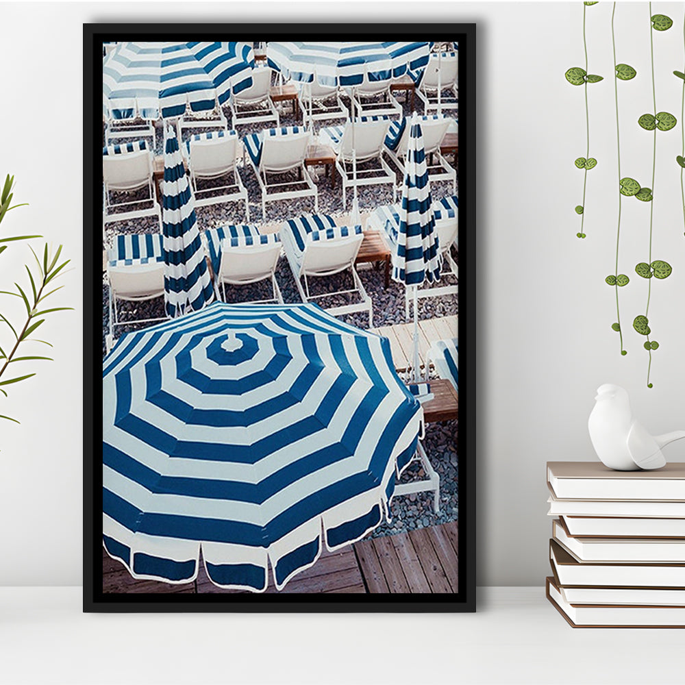 Blue Beach Umbrellas Wall Art Print,French Riviera Print, Framed Canvas Prints Wall Art