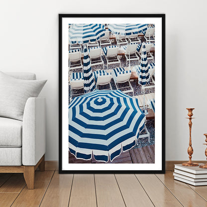 Blue Beach Umbrellas Wall Art Print,French Riviera Print, Framed Art Prints White Border Wall Decor