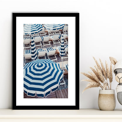 Blue Beach Umbrellas Wall Art Print,French Riviera Print, Framed Art Prints White Border Wall Decor