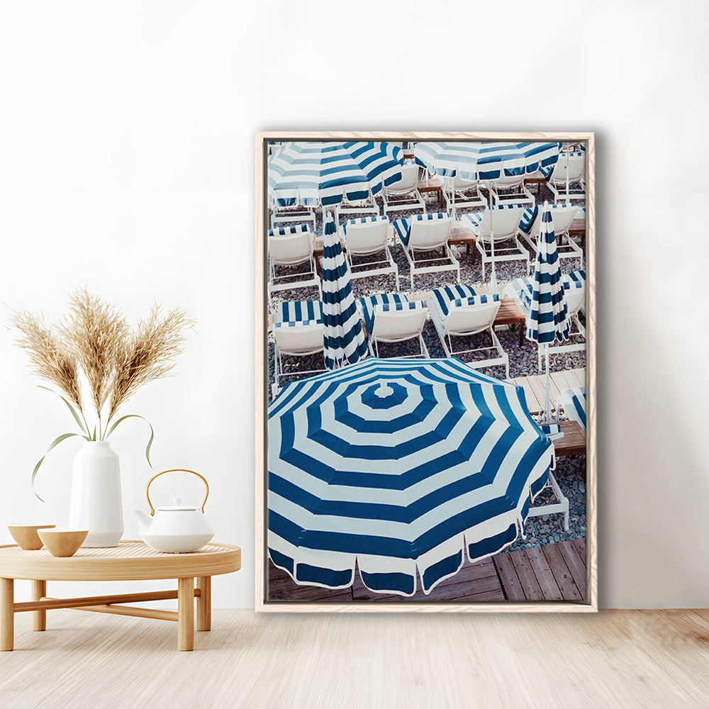 Blue Beach Umbrellas Wall Art Print,French Riviera Print, Framed Canvas Prints Wall Art