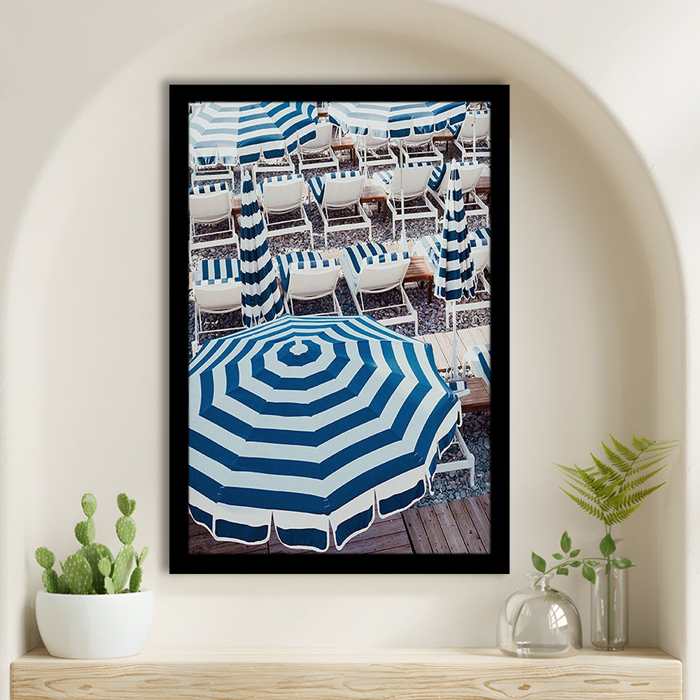 Blue Beach Umbrellas Wall Art Print,French Riviera Print, Framed Art Prints Wall Decor