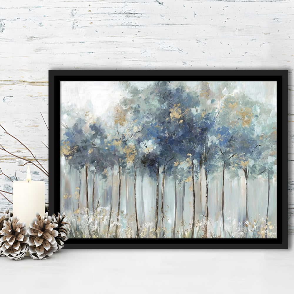 Blue Golden Forest Large Stretched Canvas Floating Frame Wall Art Print, Framed Cavas Print, Floating Frame