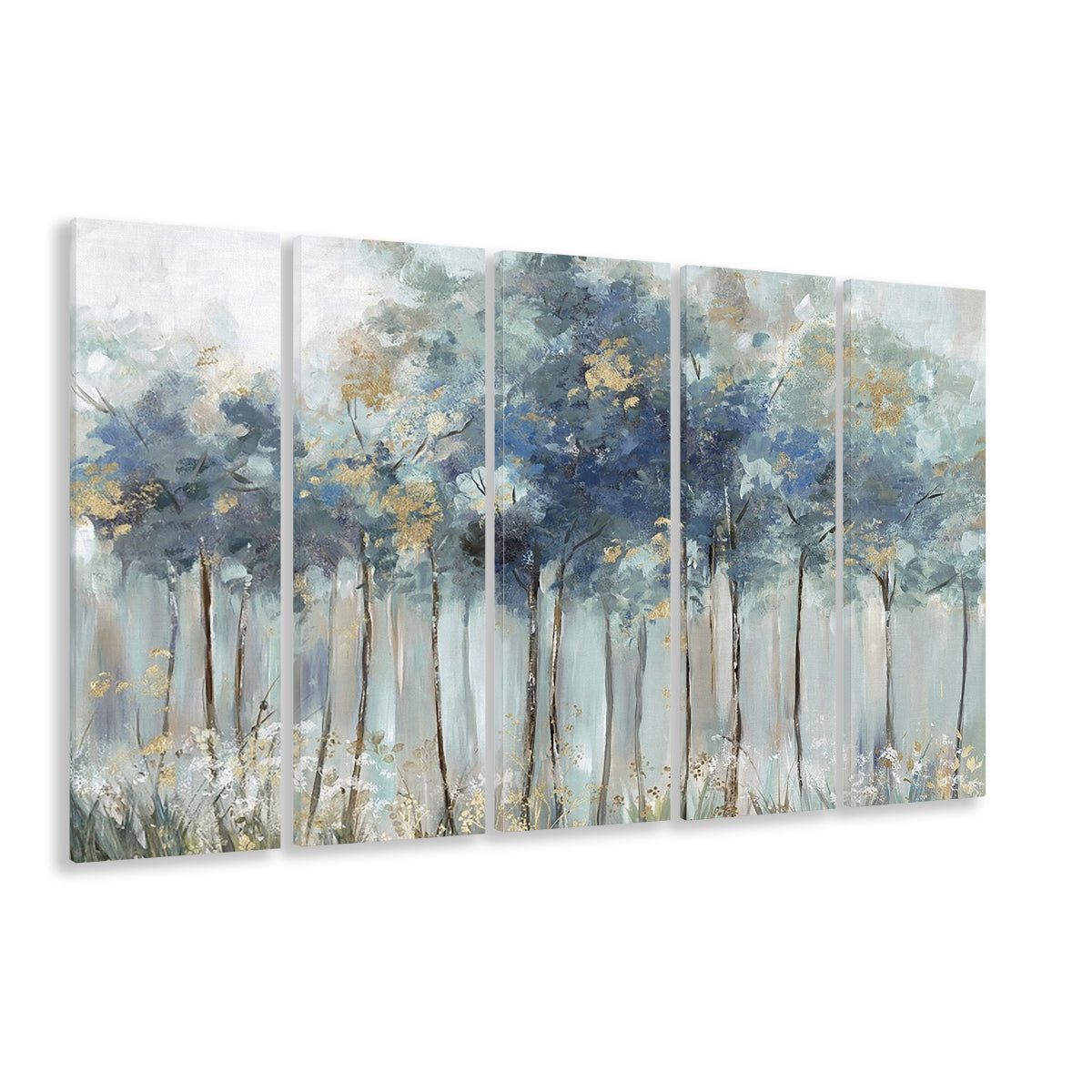 Blue Golden Forest Large Stretched Canvas Floating Frame Wall Art Print, 5 Piece B Extra Large Cavas Print Wall Art Decor