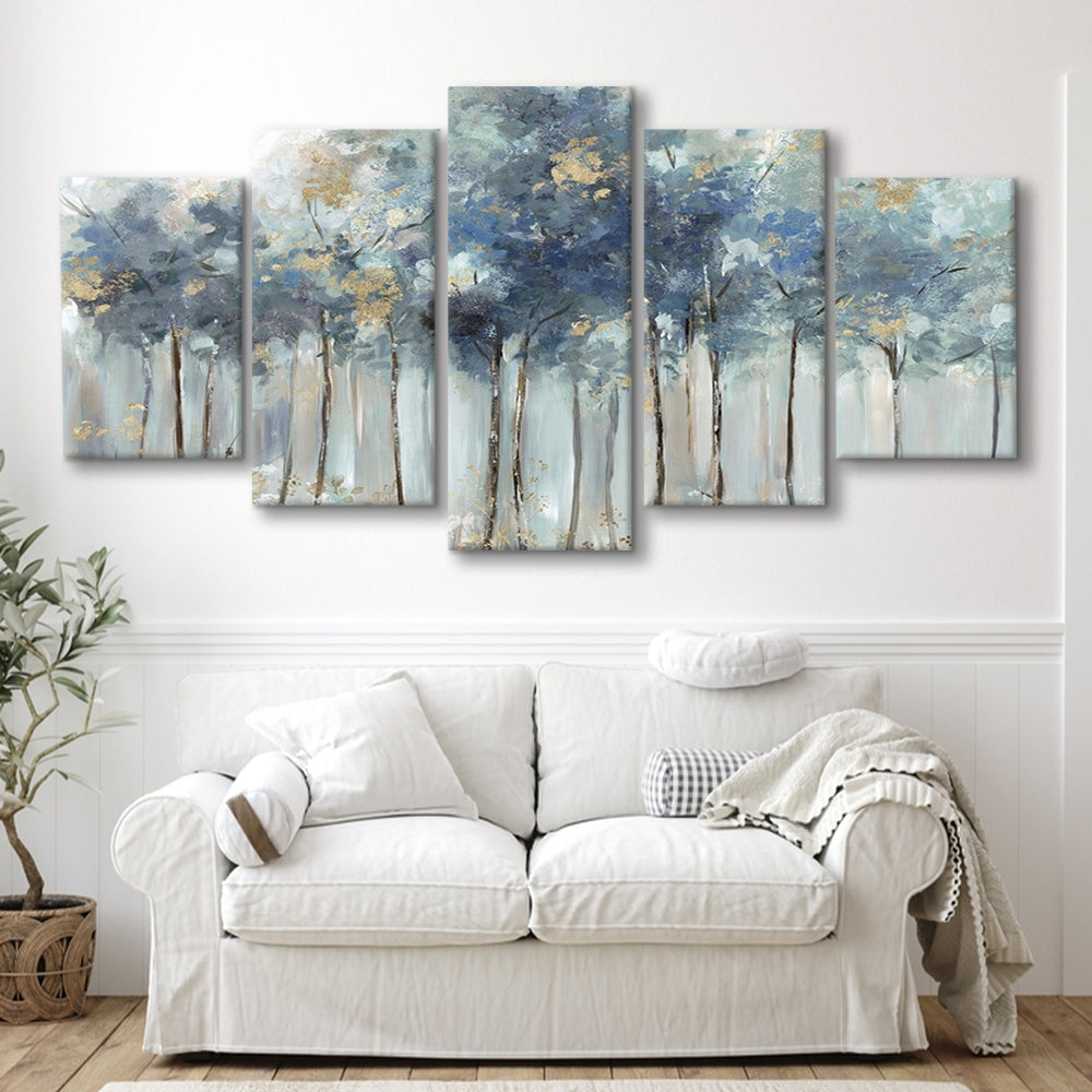 Blue Golden Forest Large Stretched Canvas Floating Frame Wall Art Print, 5 Piece Large Cavas Print Wall Art