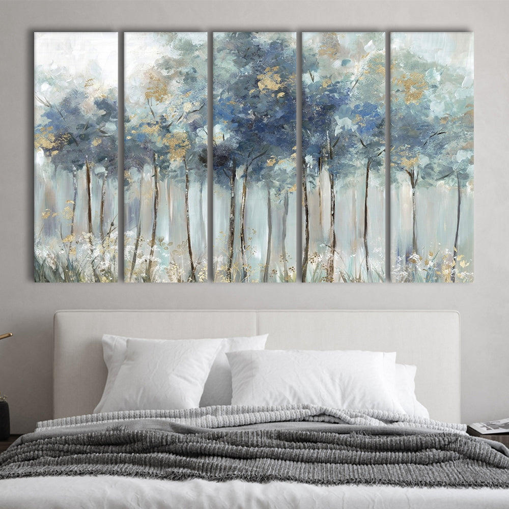 Blue Golden Forest Large Stretched Canvas Floating Frame Wall Art Print, 5 Piece B Extra Large Cavas Print Wall Art Decor