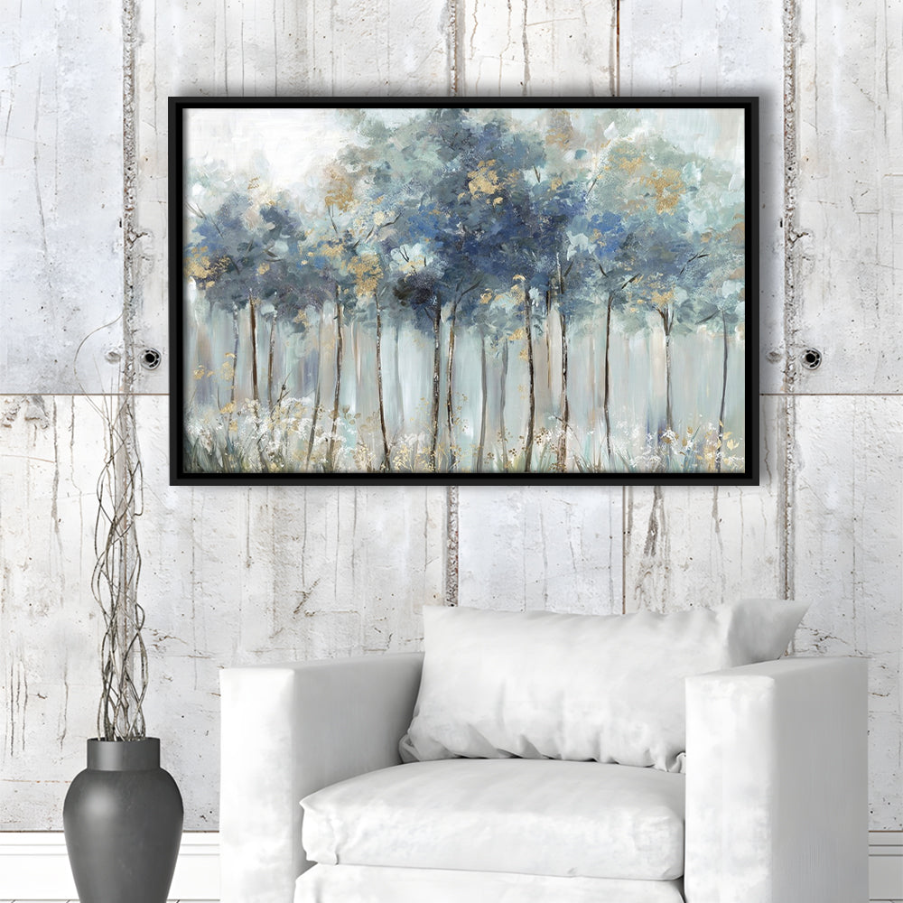 Blue Golden Forest Large Stretched Canvas Floating Frame Wall Art Print, Framed Cavas Print, Floating Frame