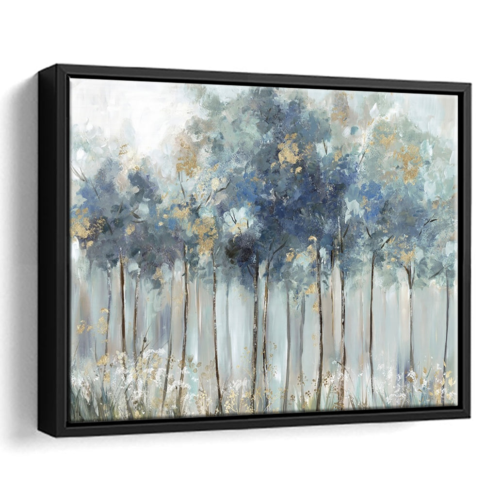 Blue Golden Forest Large Stretched Canvas Floating Frame Wall Art Print, Framed Cavas Print, Floating Frame