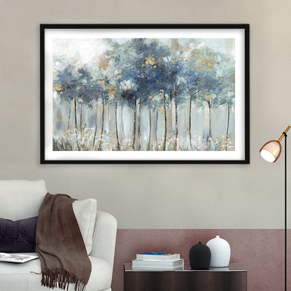 Blue Golden Forest Large Stretched Floating Frame Wall Art Print, Framed Art Print White Border