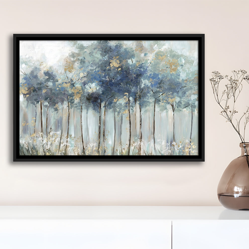 Blue Golden Forest Large Stretched Canvas Floating Frame Wall Art Print, Framed Cavas Print, Floating Frame