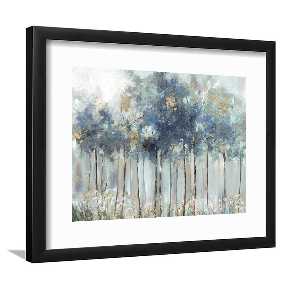 Blue Golden Forest Large Stretched Floating Frame Wall Art Print, Framed Art Print White Border