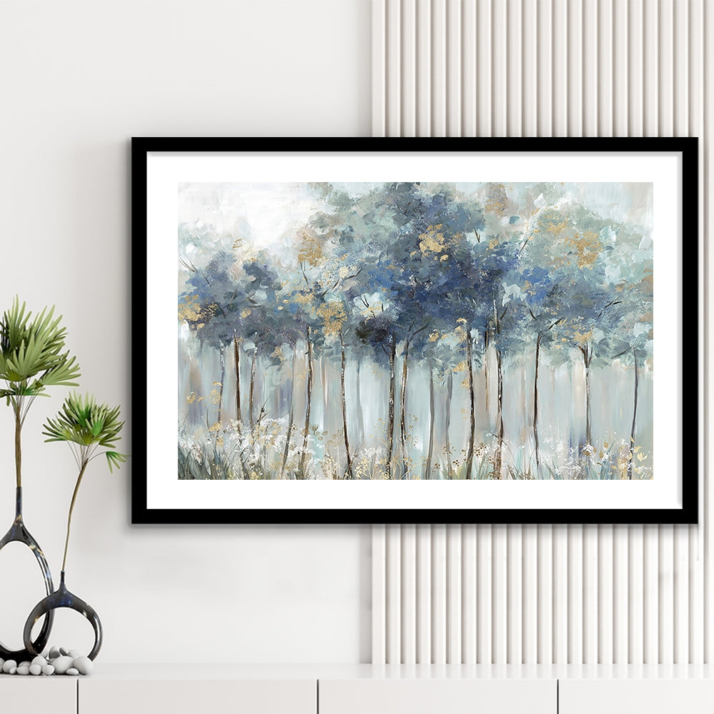 Blue Golden Forest Large Stretched Floating Frame Wall Art Print, Framed Art Print White Border
