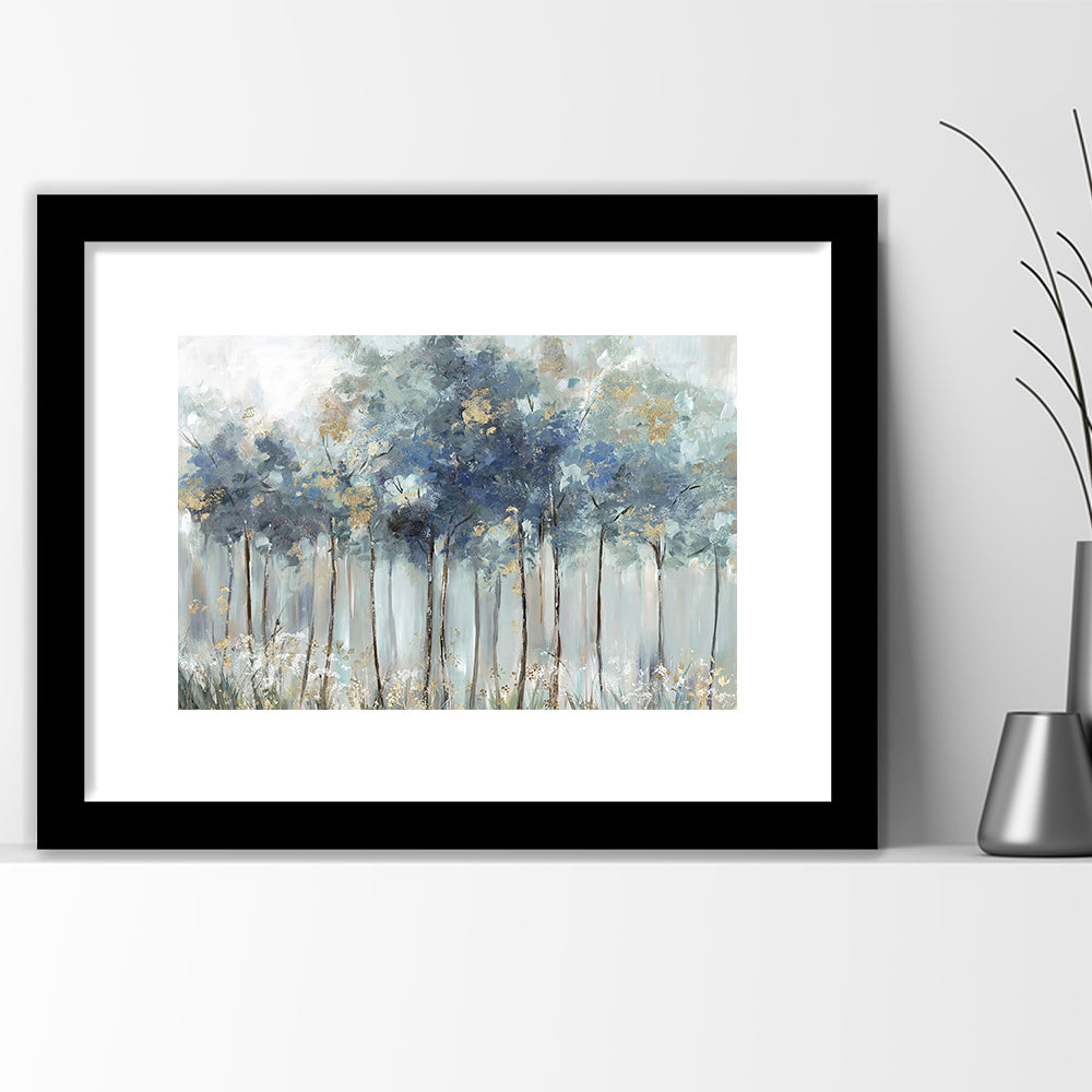 Blue Golden Forest Large Stretched Floating Frame Wall Art Print, Framed Art Print White Border
