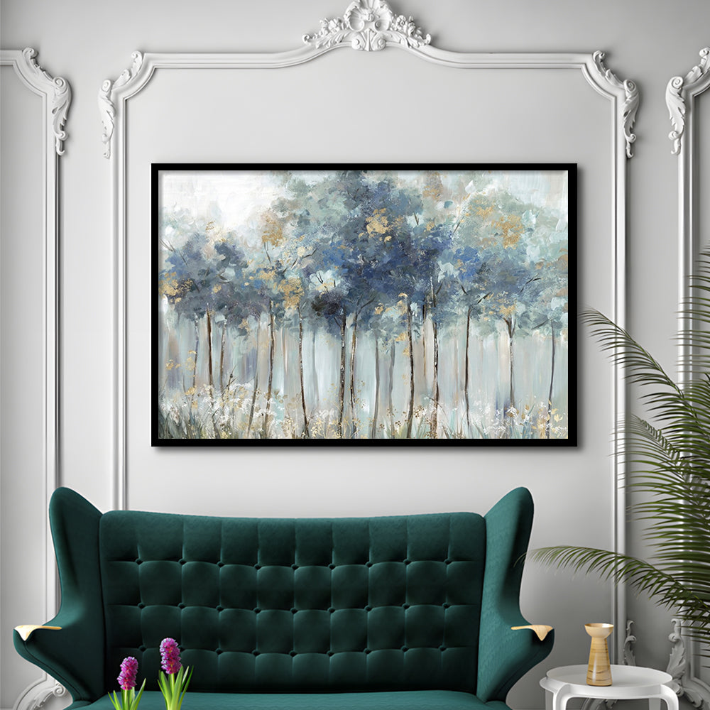 Blue Golden Forest LargeArt Prints Floating Frame Wall Art Print, Framed Art Print, Picture Framed