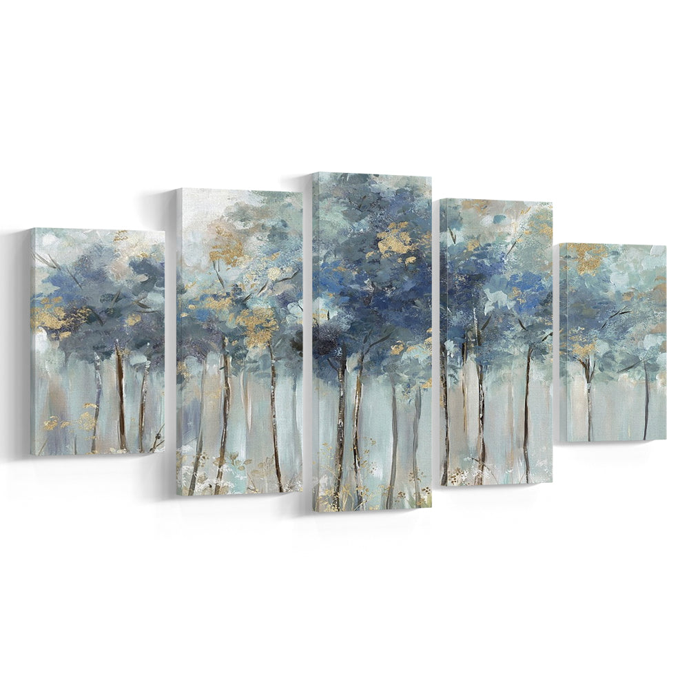 Blue Golden Forest Large Stretched Canvas Floating Frame Wall Art Print, 5 Piece Large Cavas Print Wall Art