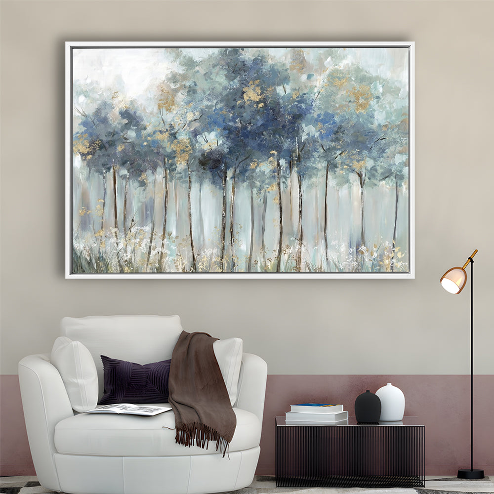 Blue Golden Forest Large Stretched Canvas Floating Frame Wall Art Print, Framed Cavas Print, Floating Frame