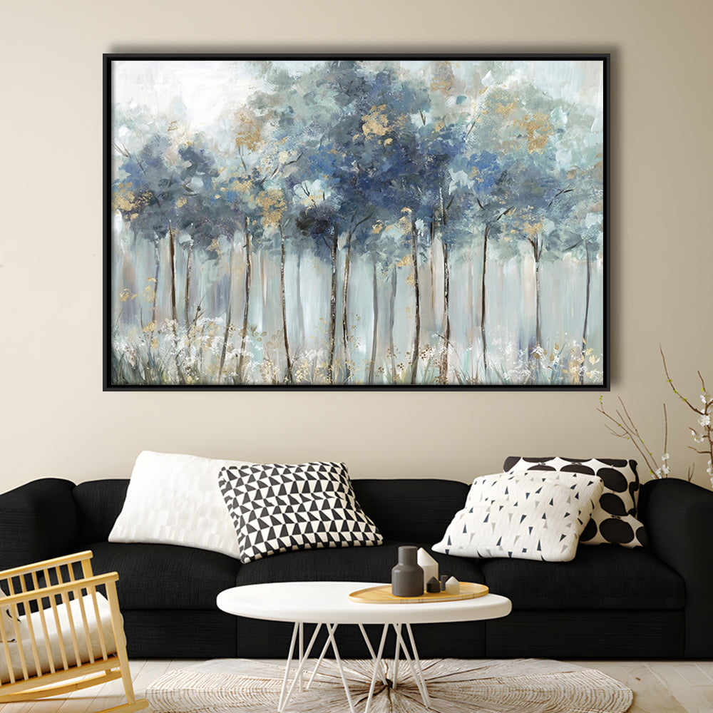 Blue Golden Forest Large Stretched Canvas Floating Frame Wall Art Print, Framed Cavas Print, Floating Frame