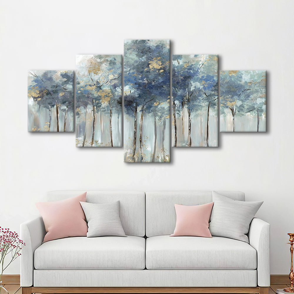 Blue Golden Forest Large Stretched Canvas Floating Frame Wall Art Print, 5 Piece Large Cavas Print Wall Art