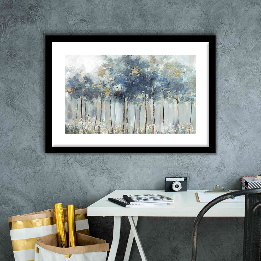 Blue Golden Forest Large Stretched Floating Frame Wall Art Print, Framed Art Print White Border