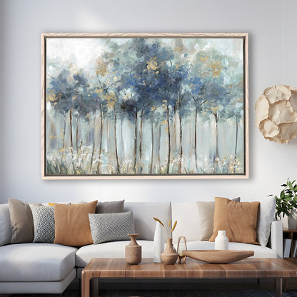 Blue Golden Forest Large Stretched Canvas Floating Frame Wall Art Print, Framed Cavas Print, Floating Frame