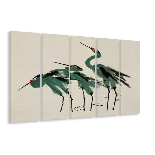 Blue Heron Vintage Print Coastal 5 Panels Canvas Print Wall Art, Gallery 5 Panels Canvas Print Wall Art, Beach House Decor