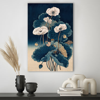 Blue Japanese Woodblock Print, Vintage Lotus Flower Art, Traditional, Canvas Print, Canvas Decor