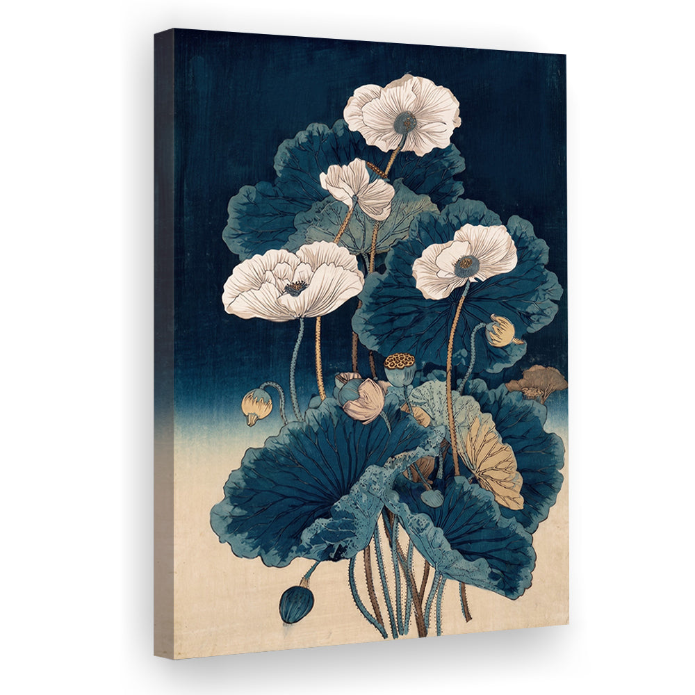 Blue Japanese Woodblock Print, Vintage Lotus Flower Art, Traditional, Canvas Print, Canvas Decor