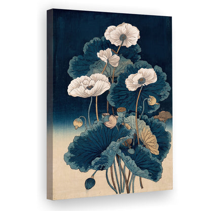 Blue Japanese Woodblock Print, Vintage Lotus Flower Art, Traditional, Canvas Print, Canvas Decor