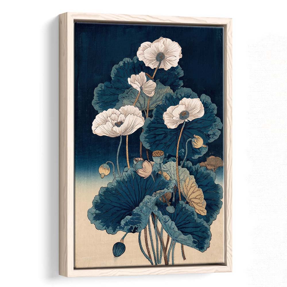 Blue Japanese Woodblock Print, Vintage Lotus Flower Art, Traditional, Framed Canvas Print, Floating Frame