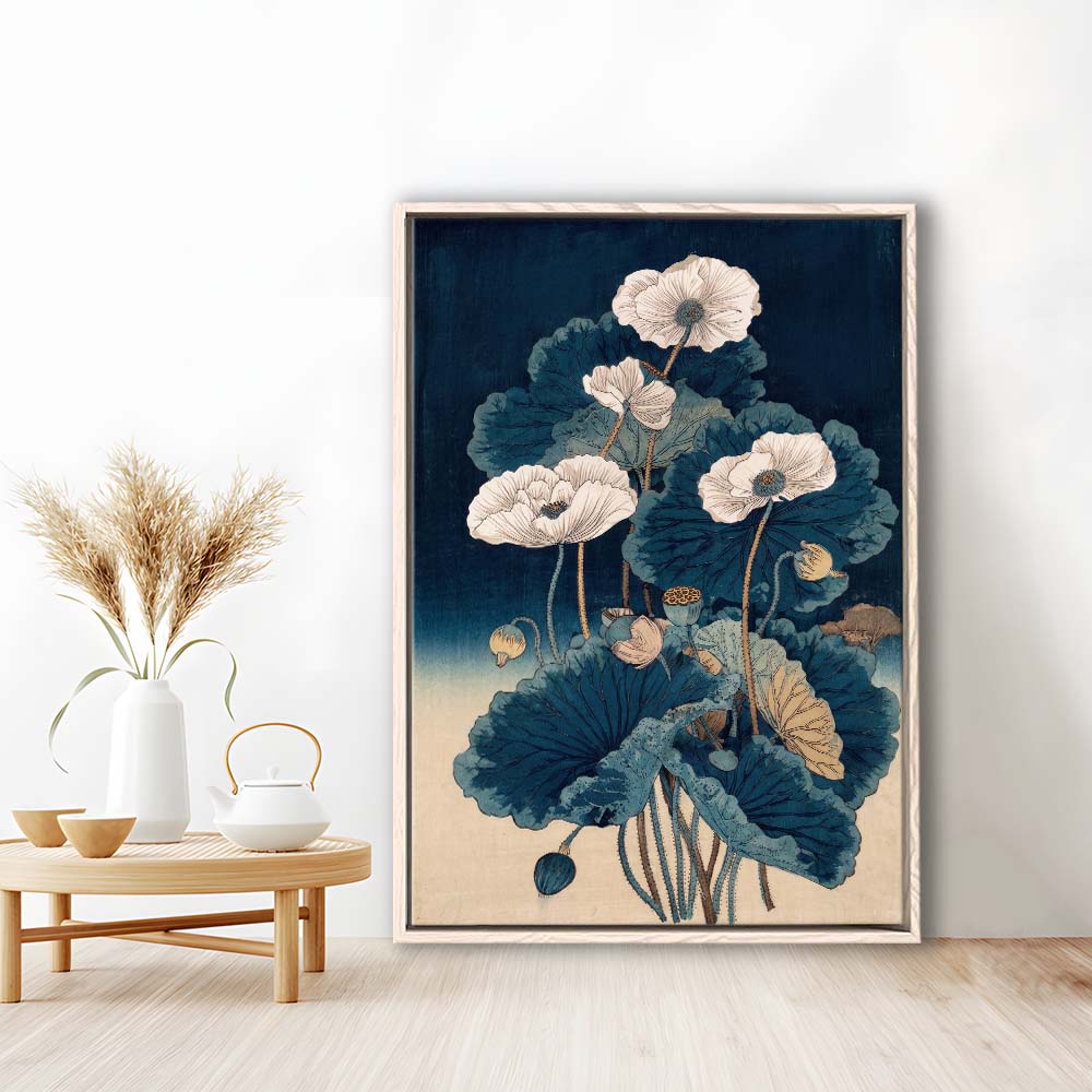 Blue Japanese Woodblock Print, Vintage Lotus Flower Art, Traditional, Framed Canvas Print, Floating Frame